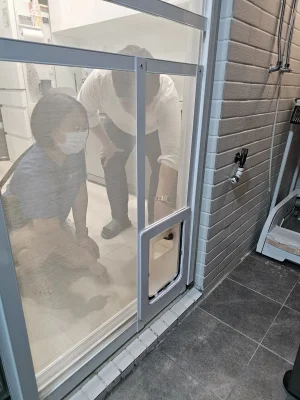 在特殊結構紗門上完美嵌入的寵物自由門